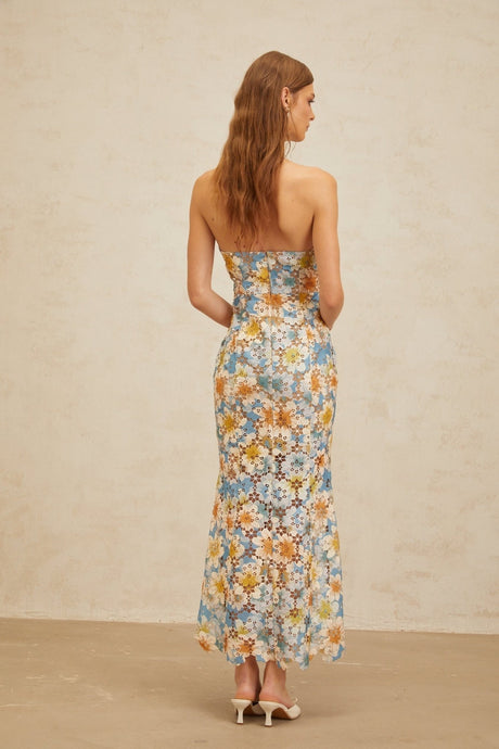 Lauretta Maxi Dress - Blue Floral Lace Cut - Out halter neck Sleeveless Open Back Fitted Flared Hem Elegant Chic Embroidery Fastening Feminine - Length Trendy