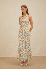 Lauretta Maxi Dress - Blue Floral Lace Cut - Out halter neck Sleeveless Open Back Fitted Flared Hem Elegant Chic Embroidery Fastening Feminine - Length Trendy