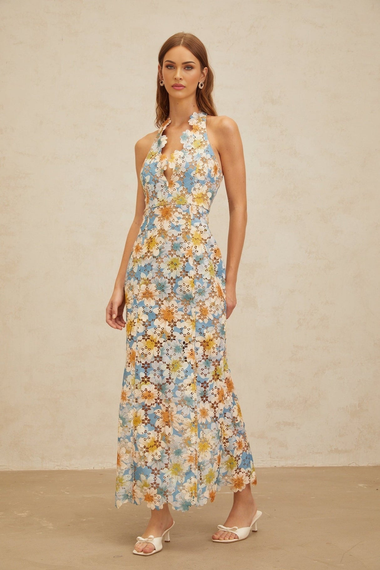 Lauretta Maxi Dress - Blue Floral Lace Cut - Out halter neck Sleeveless Open Back Fitted Flared Hem Elegant Chic Embroidery Fastening Feminine - Length Trendy