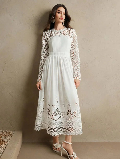 Lauretta Midi Dress - Round Neck - Formal & Evening - Regular Sleeve - High Waist - A Line