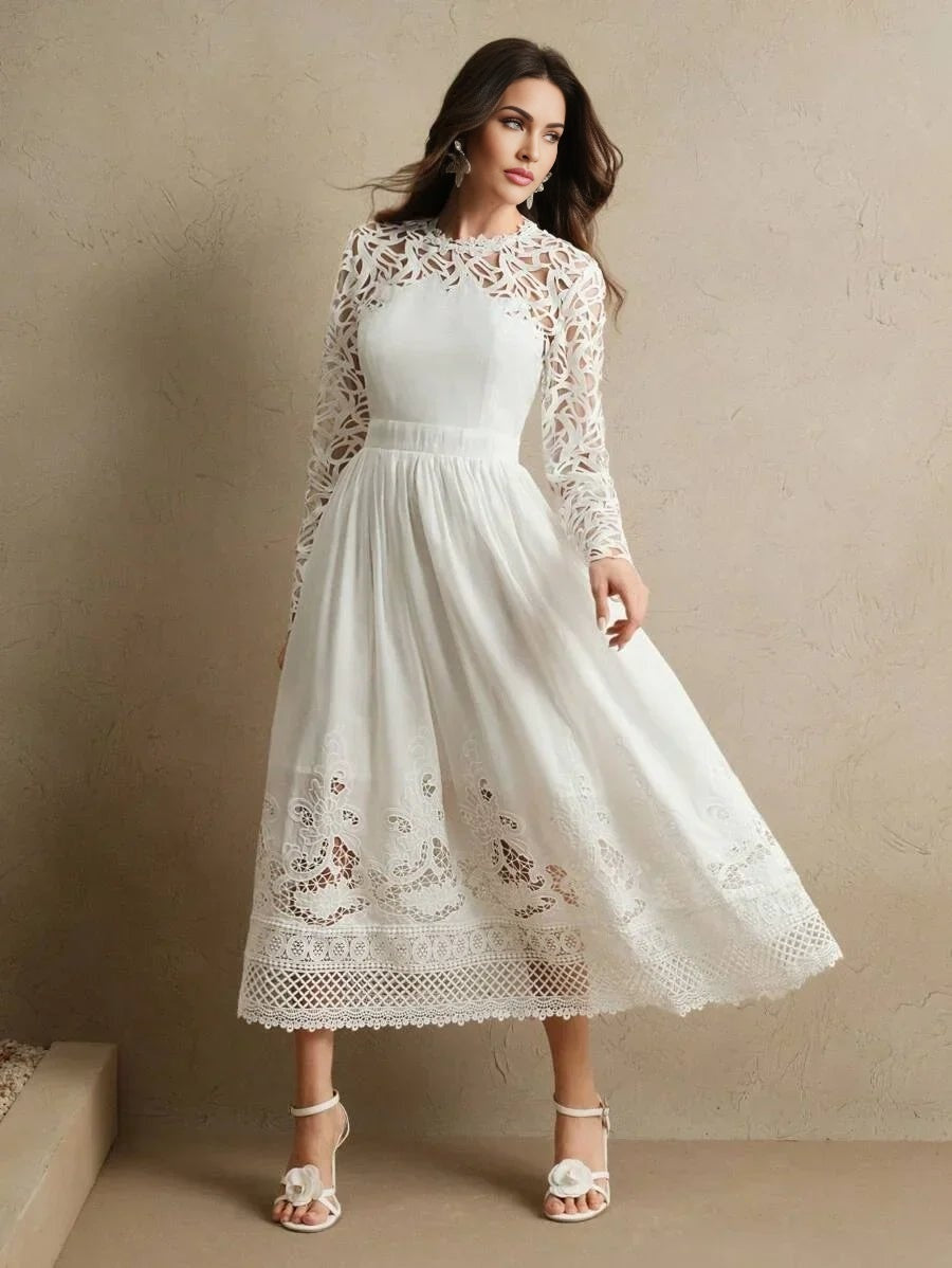 Lauretta Midi Dress - Round Neck - Formal & Evening - Regular Sleeve - High Waist - A Line