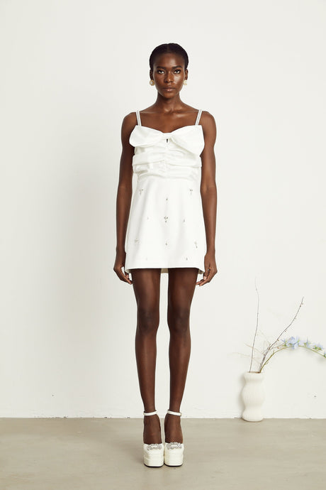 Lauretta Mini Dress Diamond Shoulder Straps Bowknot Embroidered