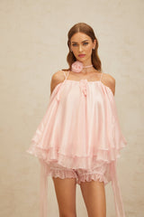 Lauretta Top & Shorts Set - Cold Shoulder - 3D - Petal Detailing - Ruffled Design - Layered Style - Elasticated Waistband