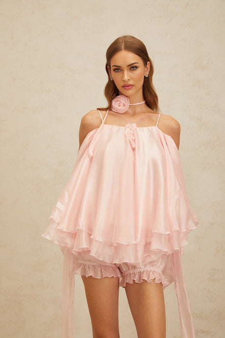 Lauretta Top & Shorts Set - Cold Shoulder - 3D - Petal Detailing - Ruffled Design - Layered Style - Elasticated Waistband