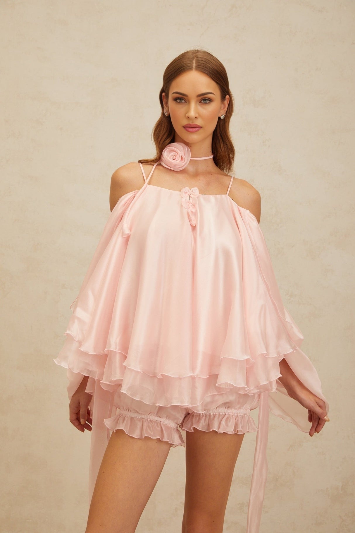 Lauretta Top & Shorts Set - Cold Shoulder - 3D - Petal Detailing - Ruffled Design - Layered Style - Elasticated Waistband