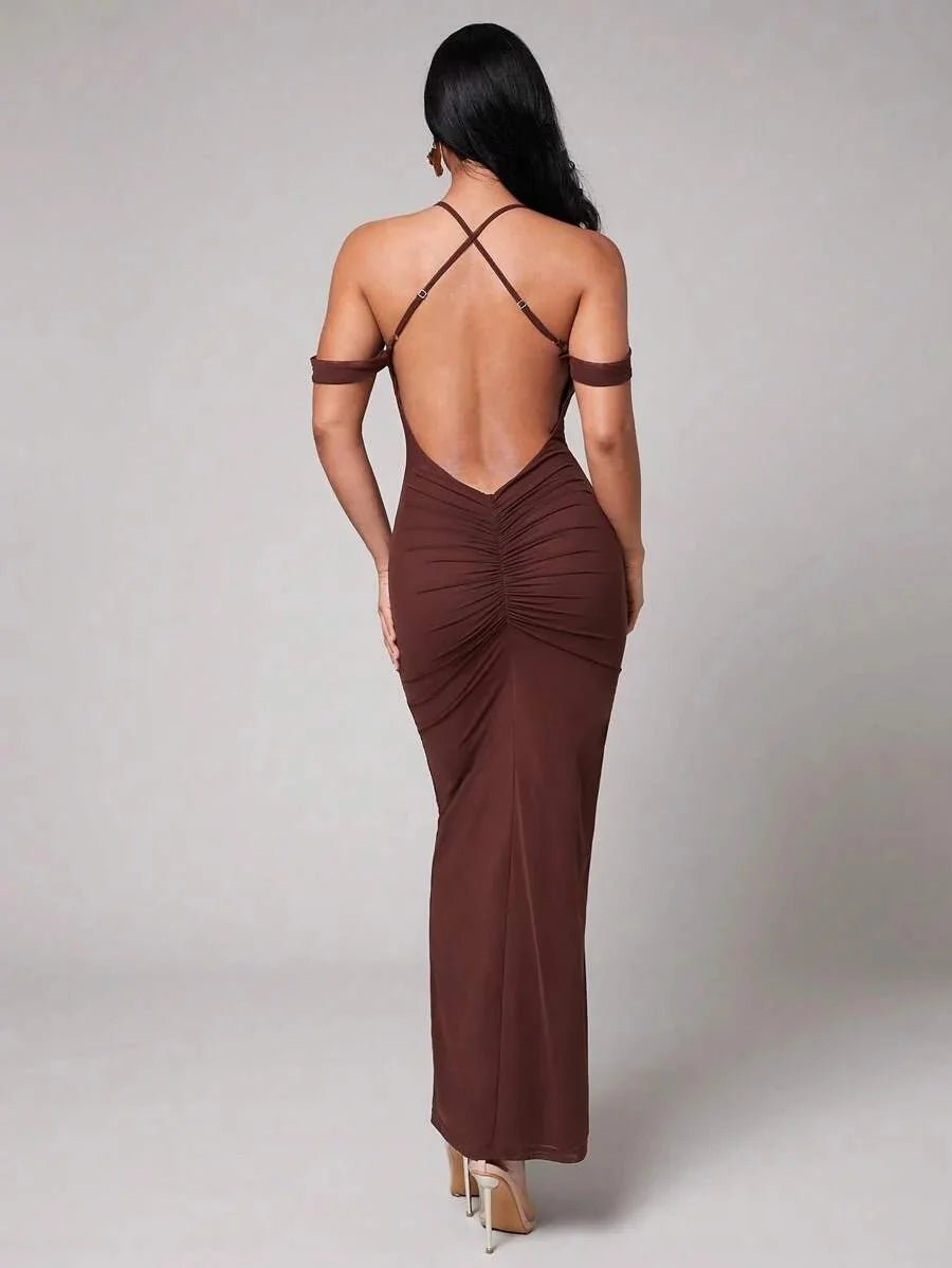 Lavinia Maxi Dress - High Stretch Fabric Elasticity - Slim Fit - Backless, Criss Cross, Draped - Hem Shaped Pencil - Premium Quality