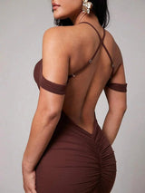 Lavinia Maxi Dress - High Stretch Fabric Elasticity - Slim Fit - Backless, Criss Cross, Draped - Hem Shaped Pencil - Premium Quality