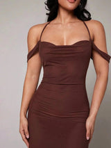 Lavinia Maxi Dress - High Stretch Fabric Elasticity - Slim Fit - Backless, Criss Cross, Draped - Hem Shaped Pencil - Premium Quality