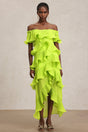 Lavinia Yellow Maxi Dress with Off-the-Shoulder Neckline and Asymmetrical Ruffles for Summer Parties or Formal Occasions