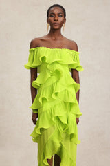 Lavinia Yellow Maxi Dress with Off-the-Shoulder Neckline and Asymmetrical Ruffles for Summer Parties or Formal Occasions