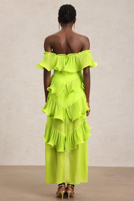 Lavinia Yellow Maxi Dress with Asymmetrical Ruffles for Summer Parties and Formal Occasions