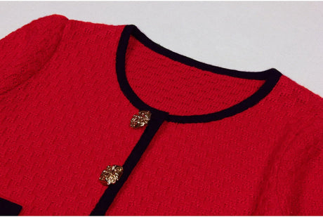 Layla Dress - Flared Skirt With Fitted Bodice - Vintage - Inspired Design - Tailored Waist - Textured Fabric - Gold Button Detailing