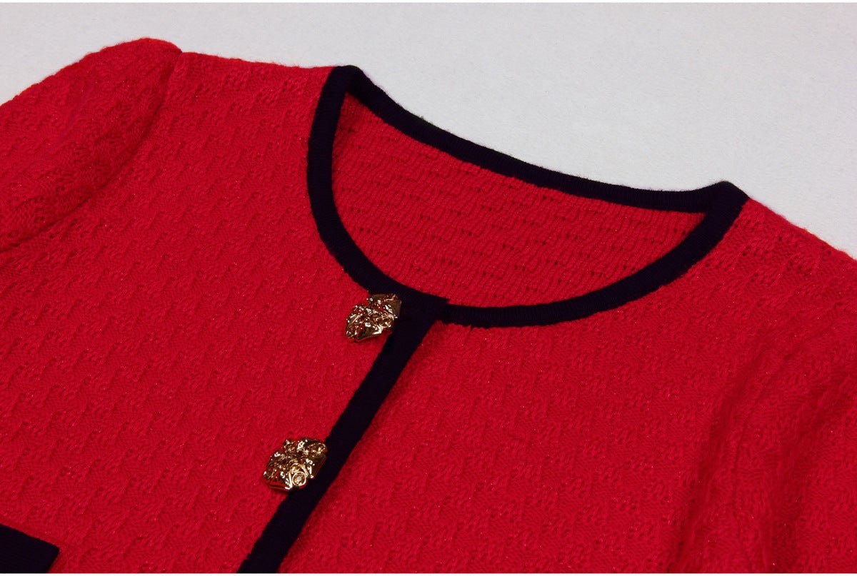 Layla Dress - Flared Skirt With Fitted Bodice - Vintage - Inspired Design - Tailored Waist - Textured Fabric - Gold Button Detailing