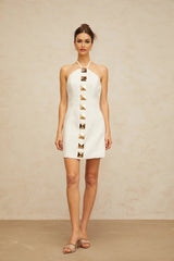 Leah Mini Dress White & Gold Halter - neck A - line Thigh - Length