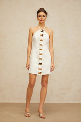 Leah Mini Dress White & Gold Halter - neck A - line Thigh - Length