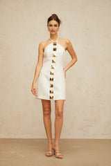 Leah Mini Dress White & Gold Halter - neck A - line Thigh - Length