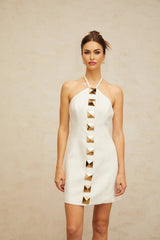 Leah Mini Dress White & Gold Halter - neck A - line Thigh - Length