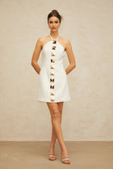 Leah Mini Dress White & Gold Halter - neck A - line Thigh - Length