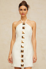 Leah Mini Dress White & Gold Halter - neck A - line Thigh - Length