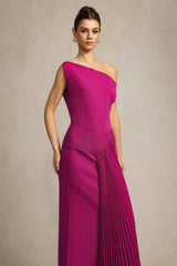 Leilani Magenta Sleeveless Asymmetrical Neckline Midi Dress with Waist Detailing