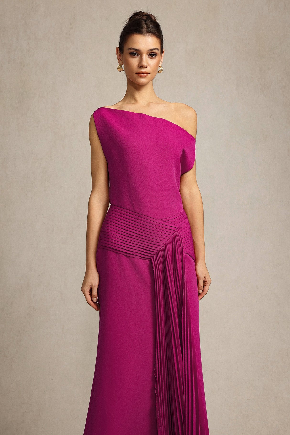 Leilani Magenta Asymmetrical Neckline Sleeveless Midi Dress
