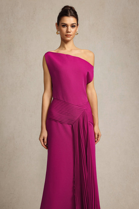 Leilani Magenta Asymmetrical Neckline Sleeveless Midi Dress