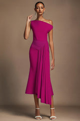 Leilani Magenta Asymmetrical Neckline Midi Dress with Waist Detailing