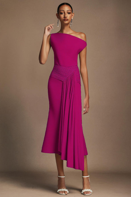 Leilani Magenta Asymmetrical Neckline Midi Dress with Waist Detailing
