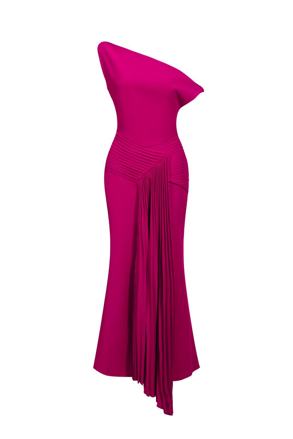 Leilani Magenta Asymmetrical Neckline Sleeveless Midi Dress