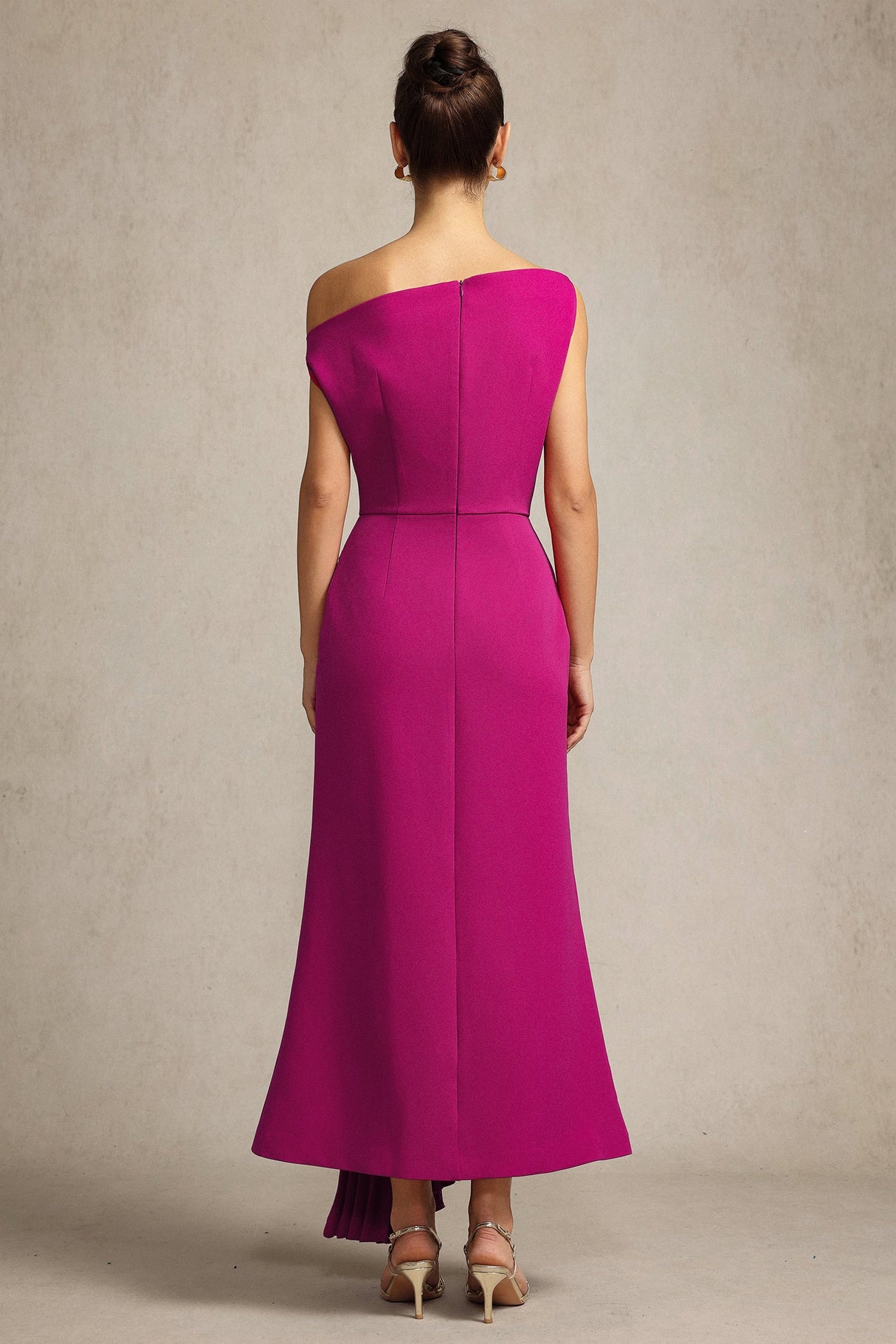 Leilani Magenta Asymmetrical Neckline Sleeveless Midi Dress with Waist Detailing