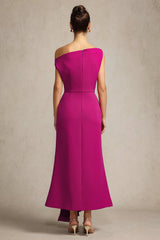 Leilani Magenta Asymmetrical Neckline Sleeveless Midi Dress with Waist Detailing