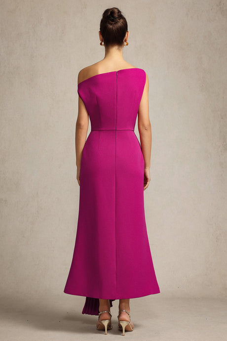 Leilani Magenta Asymmetrical Neckline Sleeveless Midi Dress with Waist Detailing