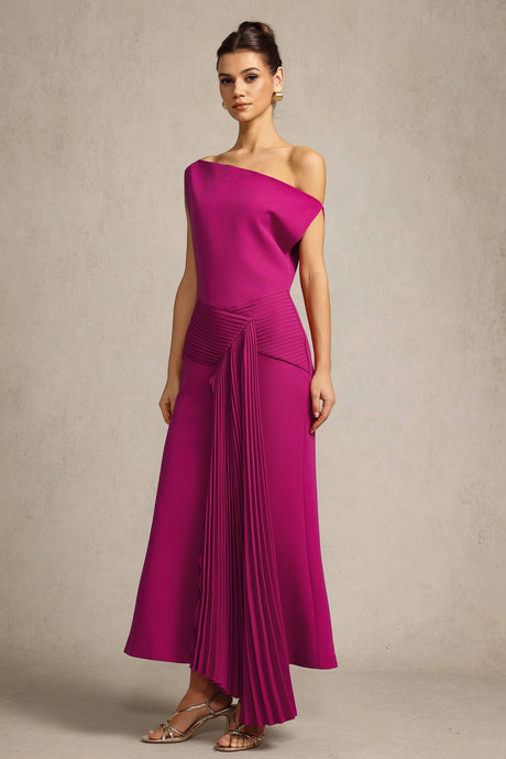 Leilani Magenta Midi Dress Asymmetrical Neckline Elegant Formal Evening Wear