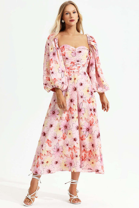 Leilani Pink Floral Maxi Dress with Square Collar and Puff Sleeves