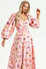 Leilani Pink Floral Maxi Dress Square Collar Backless Puff Sleeves Ruched Bodice Strappy Sandals