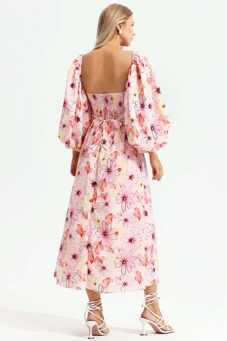 Leilani Pink Floral Maxi Dress Square Collar Backless Puff Sleeves Ruched Bodice