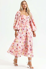 Leilani Pink Floral Maxi Dress Square Collar Backless Puff Sleeves Ruched Bodice