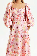 Leilani Pink Floral Maxi Dress with Square Collar and Puff Sleeves