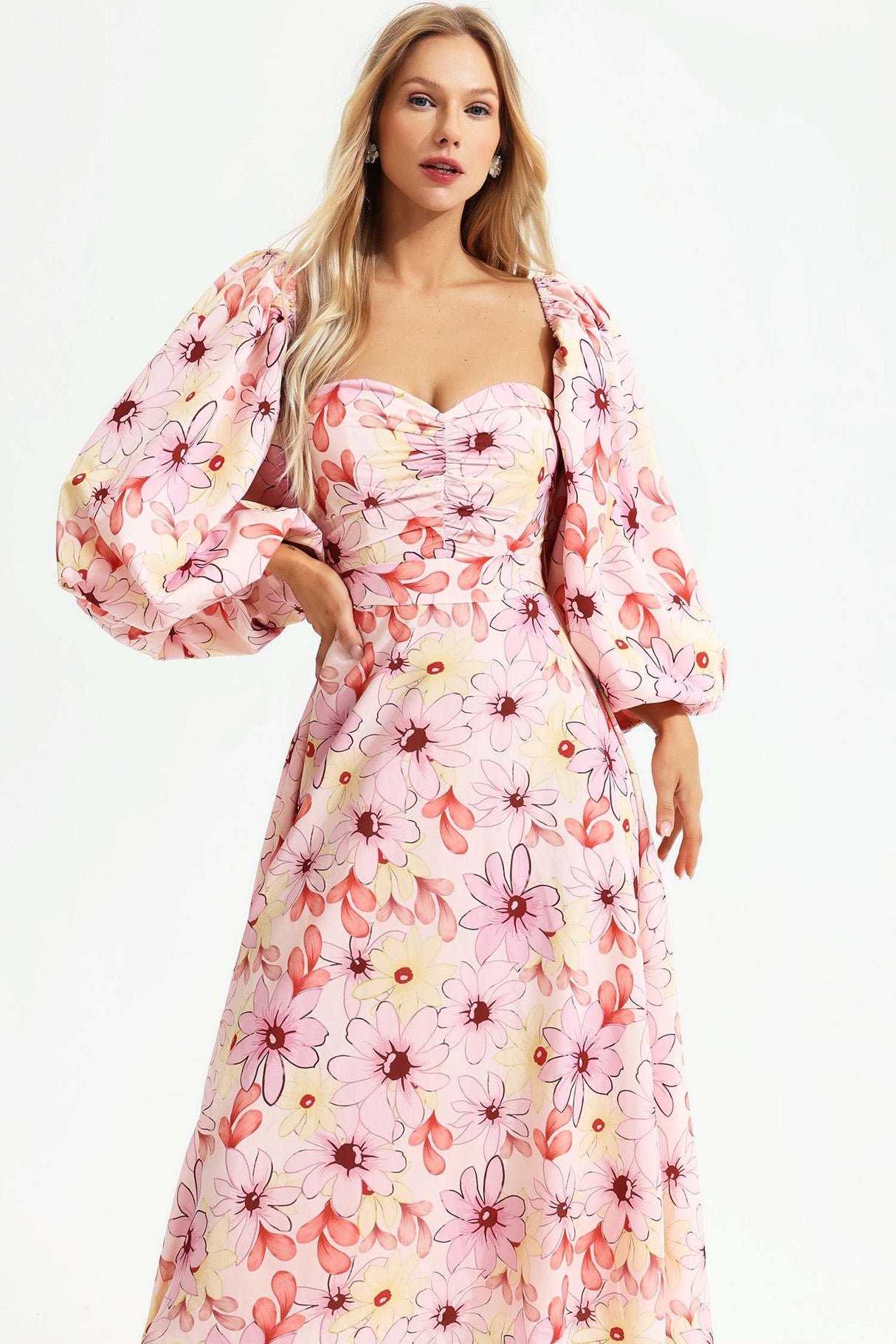 Leilani Pink Floral Print Maxi Dress Square Collar Backless Puff Sleeves Ruched Bodice Strappy Sandals Femininity