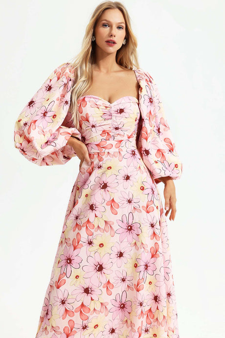 Leilani Pink Floral Print Maxi Dress Square Collar Backless Puff Sleeves Ruched Bodice Strappy Sandals Femininity
