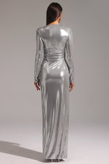 Leilani Silver Shirred V Neck Long Sleeve Side Slit Dress