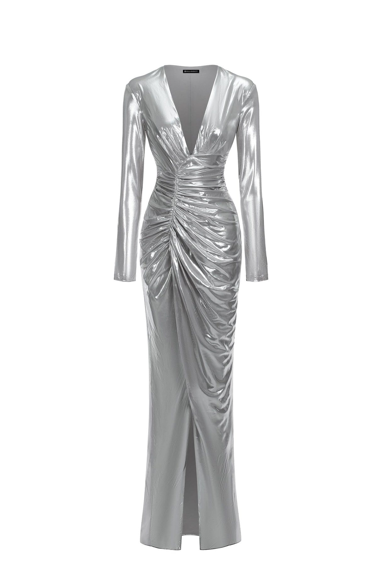 Leilani Silver Deep V Neckline Shirr Detailing Long Sleeve Side Slit Dress