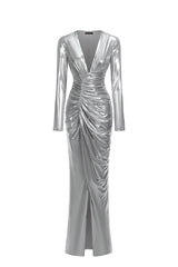 Leilani Silver Deep V Neckline Shirr Detailing Long Sleeve Side Slit Dress