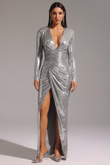 Leilani Silver Shirred V Neck Long Sleeve Dress with Side Slit