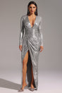 Leilani Silver Shirred V Neck Long Sleeve Dress with Side Slit