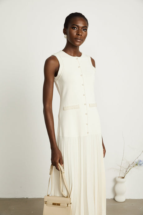 Léocadie white knitted fauxpearl midi dress