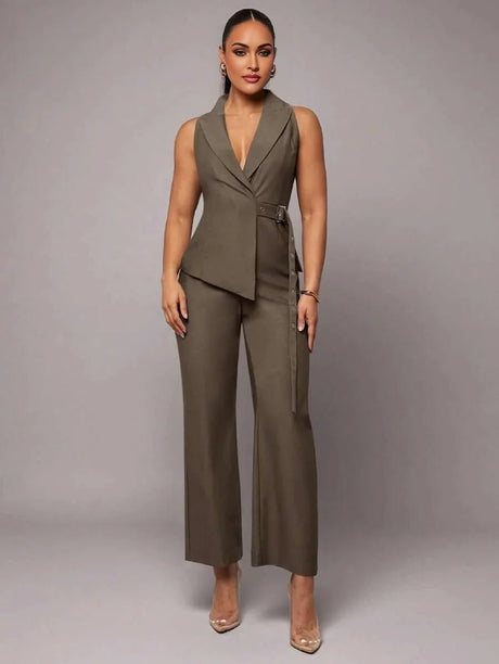 Leona Jumpsuit - Refined Style - Regular Fit - Extra Long Length - Sleeveless - High Waist Waistline - Woven Fabric - Premium Quality