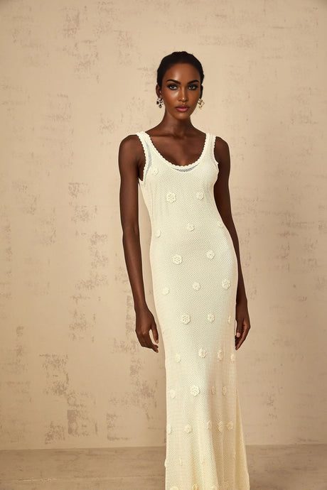 Leona Maxi Dress Floral Embroidered Crochet Knit & Tie - Back