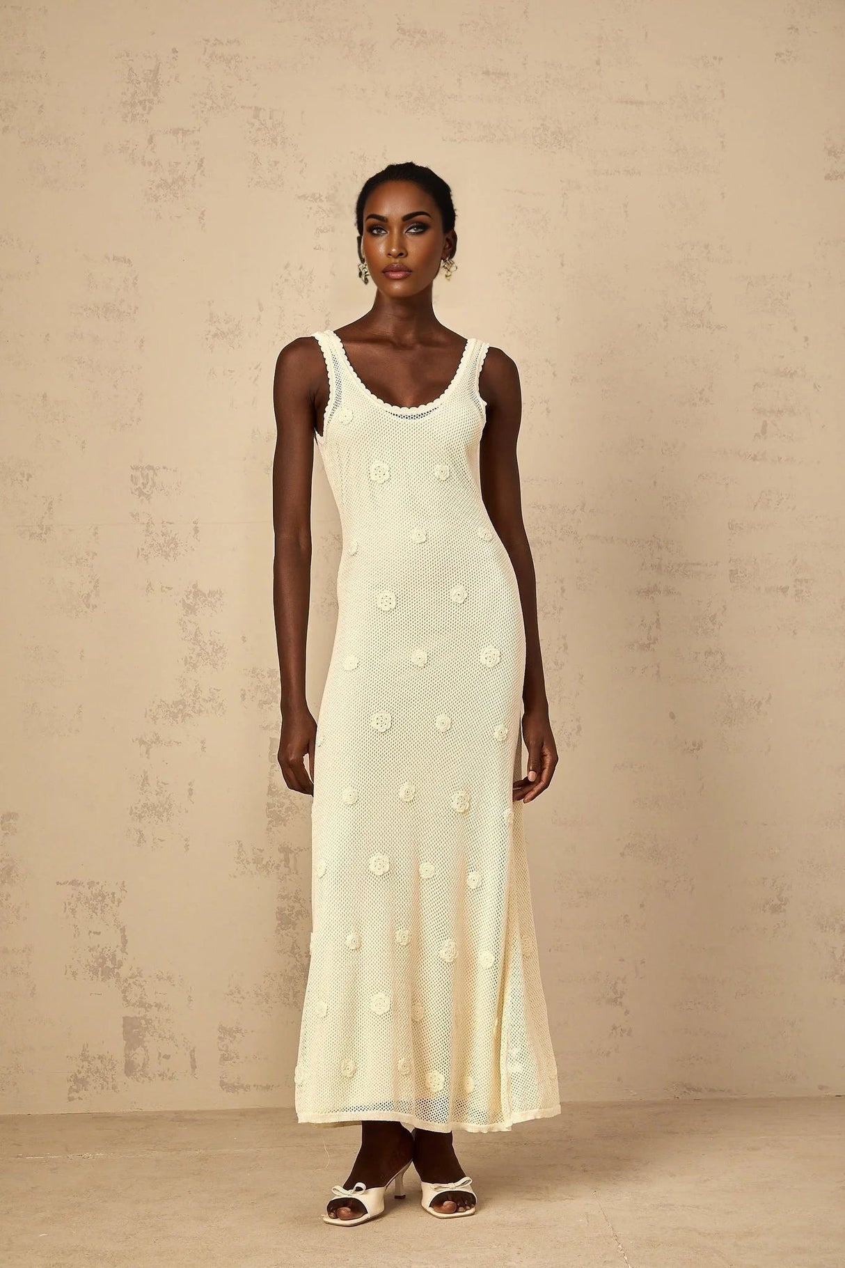 Leona Maxi Dress Floral Embroidered Crochet Knit & Tie - Back