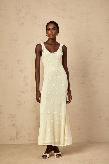 Leona Maxi Dress Floral Embroidered Crochet Knit & Tie - Back